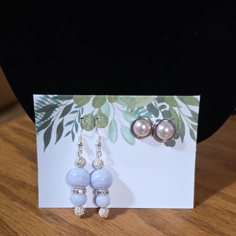 Pearl Studs and Light Blue Stone Beaded Drop Earrings